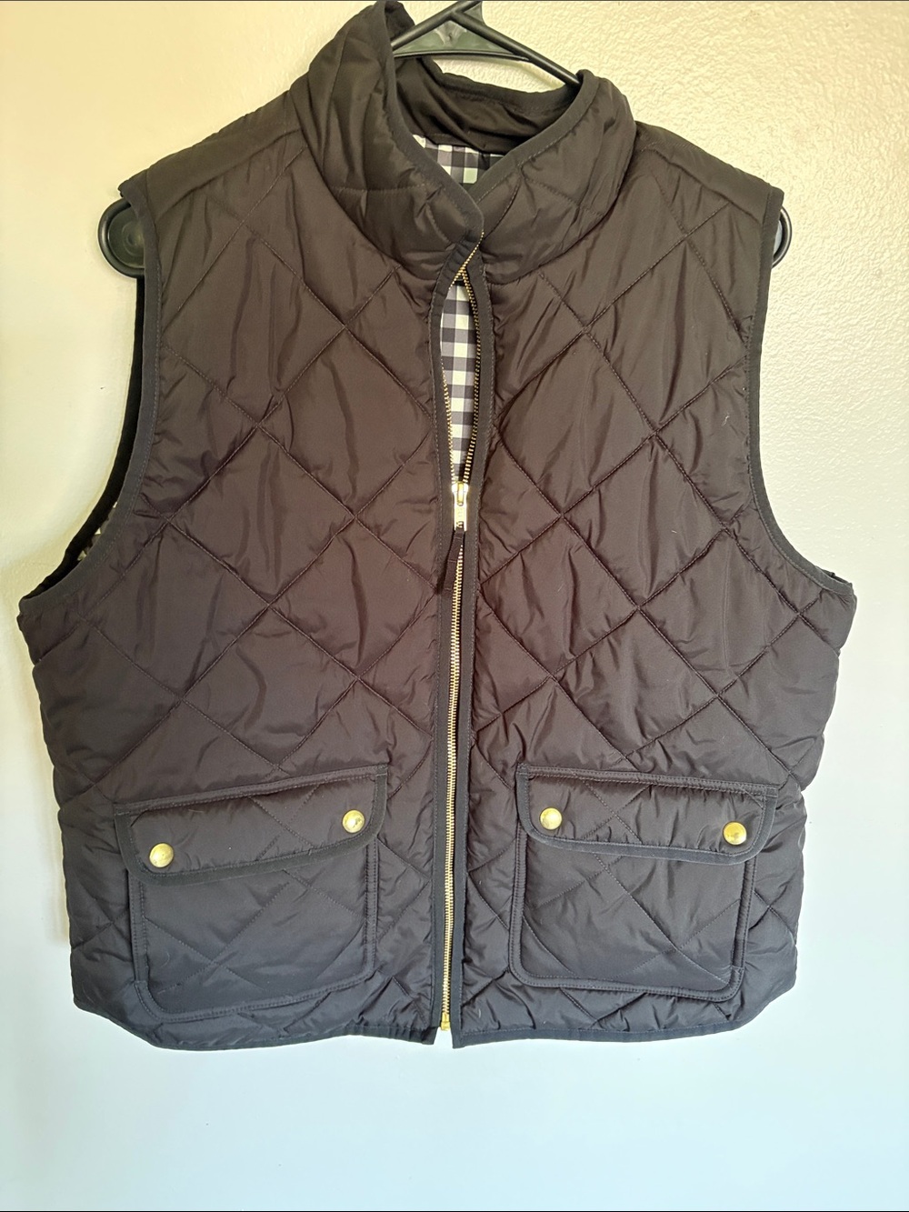 J. Crew Excursion Black Gingham Puffer Vest with Gold Accents